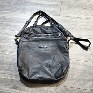 Black Leather Convertible Shoulder Tote with Front Zip Pocket